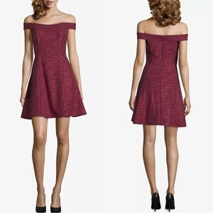 Betsy & Adam's Off-The-Shoulder Glitter Formal Wedding Prom Homecoming Red Dress